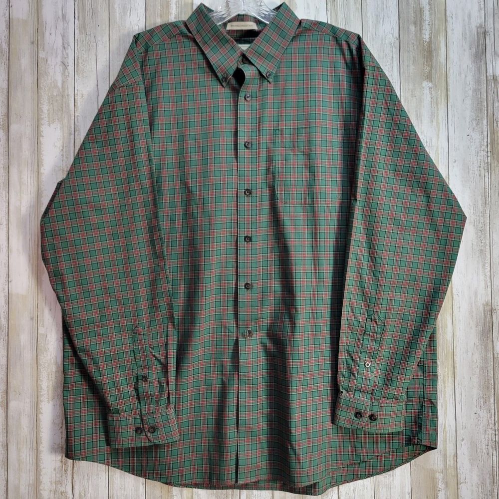 LLbean  Mens Plaid Shirt Wrinkle Resistant Sz XXL Green